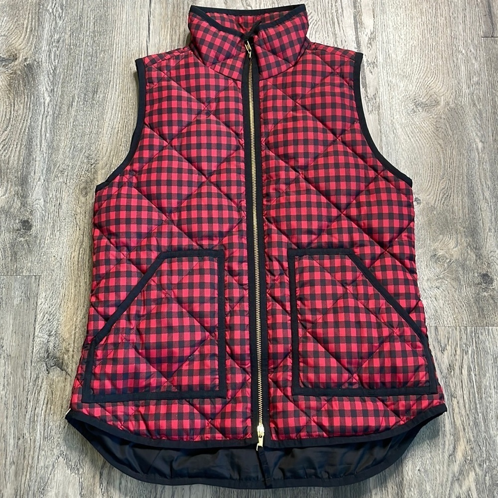 J. Crew Factory Quilted Puffer Vest, Red and Black Check, Down Blend Fill, sz XS